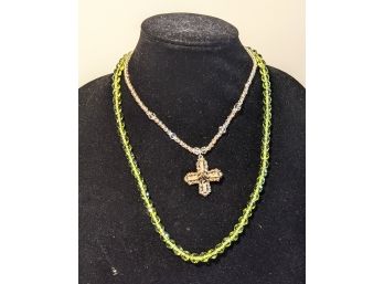 NYC Designer Crystal Cross Necklaces With Sterling Clasps - White 14' And Green 22'