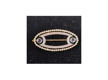 Intricate Antique Marked Gold Brooch With Tiny Seed Pearls And 2 Sapphires - 3.5g