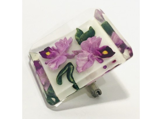 OOH LA LA!  French Vintage Reverse Cut Purple And Green Iris - Best Lucite Brooch!