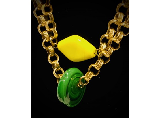 Fabulous! Bold Art Glass Dramatic Costume Goldtone Double Strand Necklace 30”