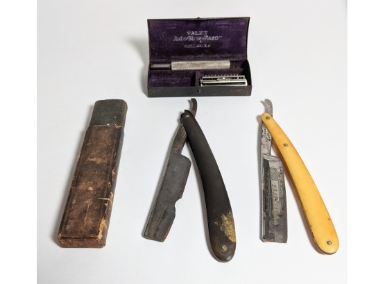 Collection Of 2 Antique Straight Razors And An Auto-Strop Shaving Set