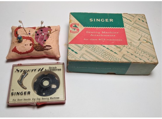 Lot Of Vintage Sewing Supplies For Singer 403 Pin Cushion Slant-O-Matic And More Attachments!
