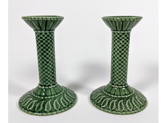 Pair Of Brilliant Green Bordallo Ceramic Candlesticks Made In Portugal 6'each