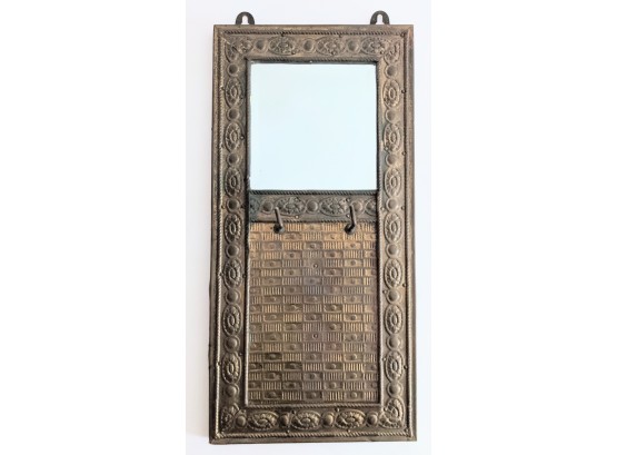 Very Antique Beautifully Pressed Metal Diminutive Heavy Bevelled Wall Mirror With Hooks 16x7.5'