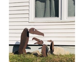 Deliciously Rusty Steel Artist Made Large Vulture Family Of 3 Garden Art (Provenance Read Below)