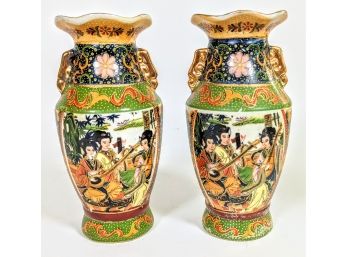 Set Glorious Vibrant Highly Decorated Hand Painted Antique Japanese Porcelain Vases Gold Detailing  6' Tall