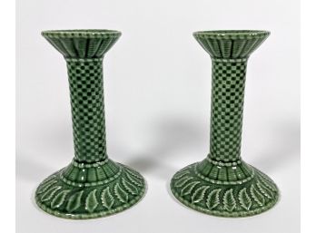 Pair Of Brilliant Green Bordallo Ceramic Candlesticks Made In Portugal 6'each