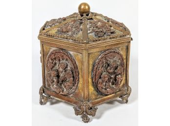 Superb Antique Hinged Hexagonal Handmade Brass Box With High Relief Applied Designs 4x4x4'