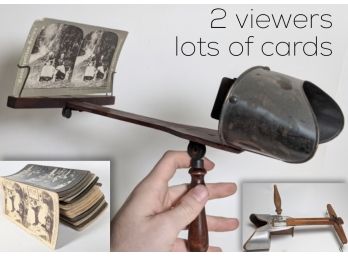 Wonderful Set Of 2 Wood And Tin Antique Stereo-Viewers With Tall Stack Of Viewing Cards