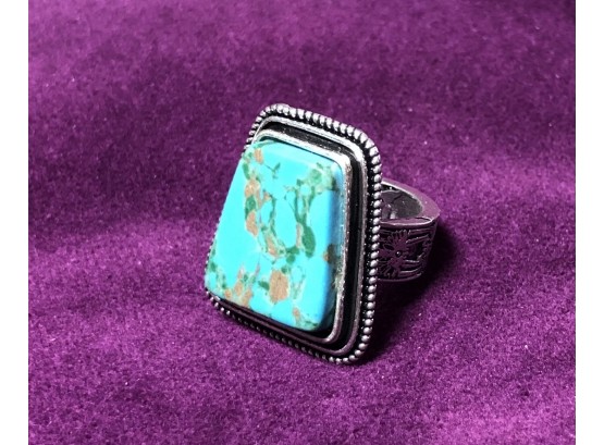 Large Trapezoidal Bezel Set Faux Turquoise Fashion Ring Size 8