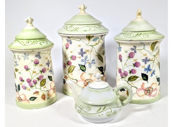 3 Floral Ceramic Kitchen Tracy Porter Canister Set And A Teapot