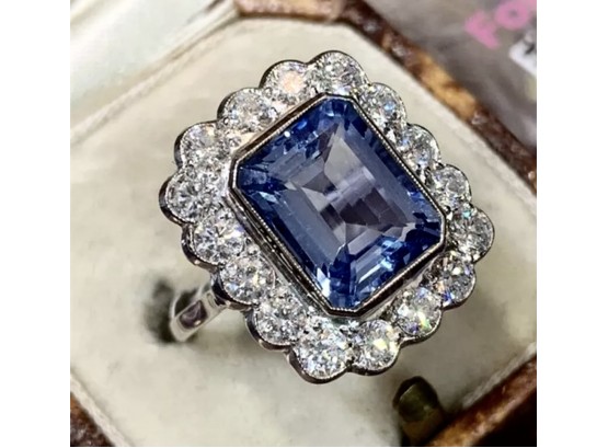 Princess Diana Sparkling Emerald-Cut Blue Sapphire Glass Solitaire With Bright White CZs Sterling Ring Size 9