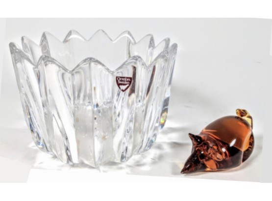 Brand New Orrefors Crystal Bowl 5.5x 4.5' And Adorable Amber Glass Mouse 4'