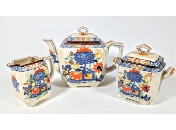 Mason's Antique English Stoneware Tea Pot With Creamer And Sugar - Asian Floral Motif