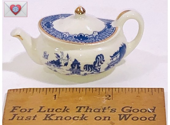 Blue Transfer Ware Porcelain Chinoiserie Miniature Teapot With Gold Detailing