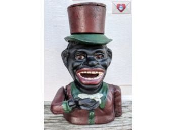 'Jolly' Rolling Eyes Vintage Heavy Old Cast Iron Coin Bank ~ Black History
