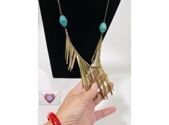 Exceedingly Long Tribal Hippie Large Vintage Faux Malachite Patinated Dangles Necklace