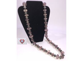 X-Long Amethyst Glass Lozenges And Black And Silver Spacers Necklace