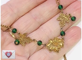 Gold And Emerald Green Glass Beads Vintage Flower Necklace