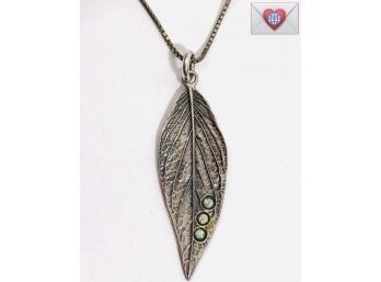 Hand Wrought Veined Sterling Silver Peace Leaf With 3 Opals Necklace ~ Israel Italy