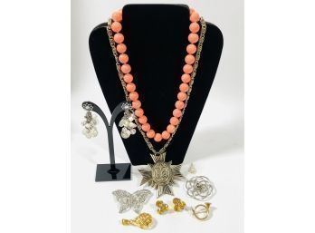 Coral Colored Beads Medieval Medallion Necklace Dangle Earrings And More Costume Lot