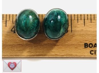 Gorgeous Striated Green High Cabochon Cut Malachite Vintage Sterling Screw Back Earrings