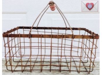 Barn Find ~ Cool Decor Red Wood Handled Rusted Farm Basket