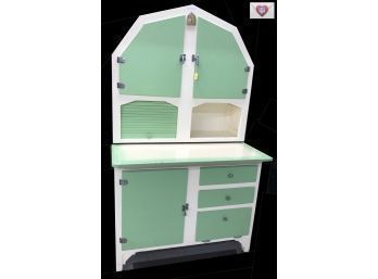 Full Sized Seafoam Green And Cream Depression Era Kitchen Cabinet ~ Painted Wood And Enamel Very Cool
