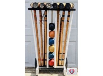 Full Vintage Croquet Set In Rolling Caddy ~ Has Balls Mallets Stakes Wickets