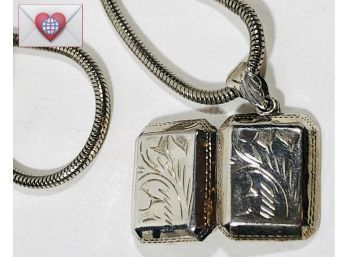 Hand Engraved Sterling Silver Photo Locket On Silver Tone Snake Chain