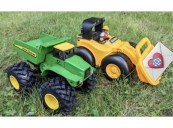 Pair Of Children's Farm Yard Toy Trucks A Caterpillar Backhoe And A Deer Truck