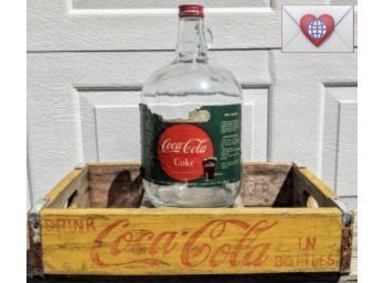 Vintage Coca Cola Collectibles - A One Gallon Bottle And A Bottle Crate