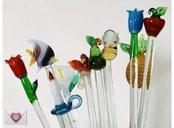 Wonderful Whimsical Artist Made Hand Blown Glass Vintage Cocktail Stirrers ~ Set Of 10