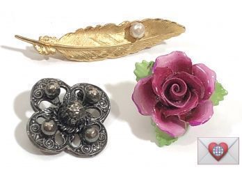 3 Excellent Vintage Brooches English Porcelain Rose Medieval Shield Golden Feather
