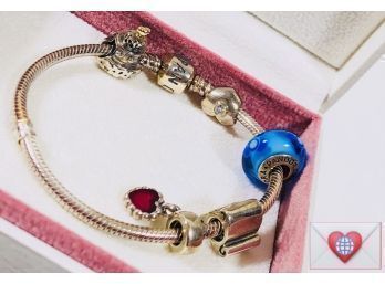 Pandora 5 Charm Wedding Themed Bracelet Sterling Gold Enamel Art Glass Authentic Boxed 7 Inches