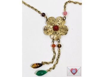 Oh So Pretty Punched Brass Flower With Art Glass Beads Vintage Necklace