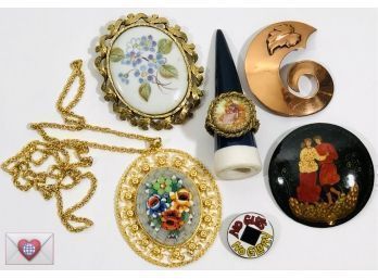 Vintage Treasures Germany Micro-mosaic Copper MCM Brooches Enamel Ring