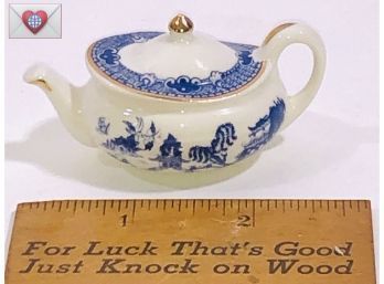 Blue Transfer Ware Porcelain Chinoiserie Miniature Teapot With Gold Detailing