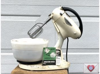 Cupboard Find - WORKING Antique Stand And Removable Hand Mixer 1940 Hamilton Beach Milk Glass Bowls