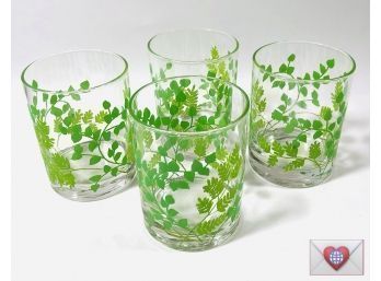 Set Of 4 ~ Vintage Lush Foliage Heavy Double Rock Glasses Barware