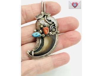 Astounding Real Raptor Claw Turquoise Coral Vintage Sterling Navaho Pendant Wow
