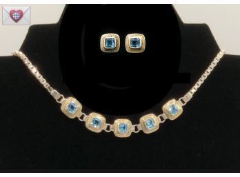 {Think Yurman} Stunning Sterling 14K Gold Blue Topaz Necklace And Earrings ~ Substantial 40g