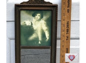 27' Tall Thin Antique Wooden Hall Mirror With Lad And Bunny