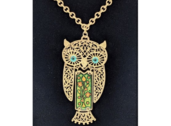 The Best Swing Sway 1970s Articulated Owl Necklace Enamel Thick Extruded Brass Links ~ Chain 22' Owl 4' WOW!