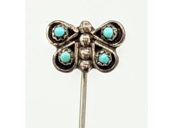 American Southwest Silver Butterfly Stick Pin With Turquoise 3'