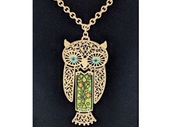 The Best Swing Sway 1970s Articulated Owl Necklace Enamel Thick Extruded Brass Links ~ Chain 22' Owl 4' WOW!