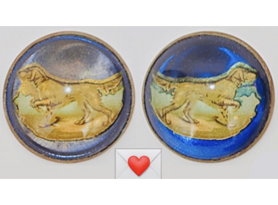 Large Antique Iridescent Polychrome Setter Dogs Heavy Bubble Glass Crystal Brass Bezel Setting Brooches FABS