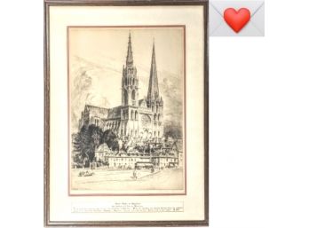Intriguing Old French Etching Of Notre Dame Matted/Framed Under Glass With Inset ~ We Ship