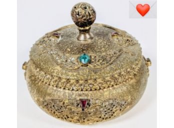 Very Antique Gorgeous Ornate Small Lidded Bejeweled Brass Vanity Pot/Box With Bezel-Set Glass