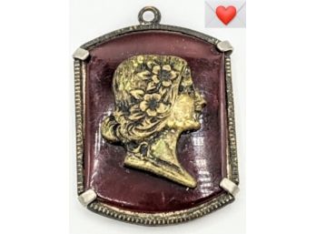 Antique Art Nouveau Woman Gold Cameo With Flowers In Her Hair On Amethyst Glass Pendant 1'